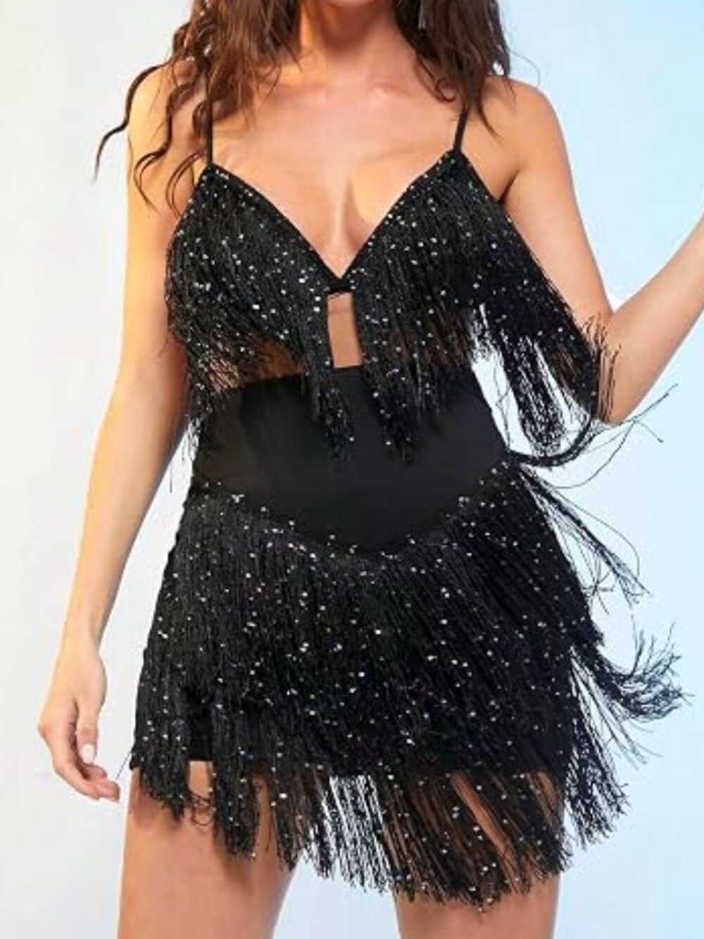 Black Sequined Top & Skirt with Sparkly Tassels